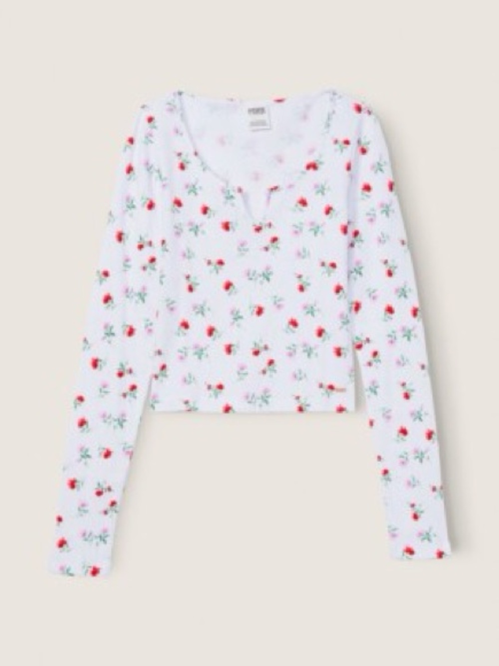 VS Pink Floral Notched Crop Henley Top M